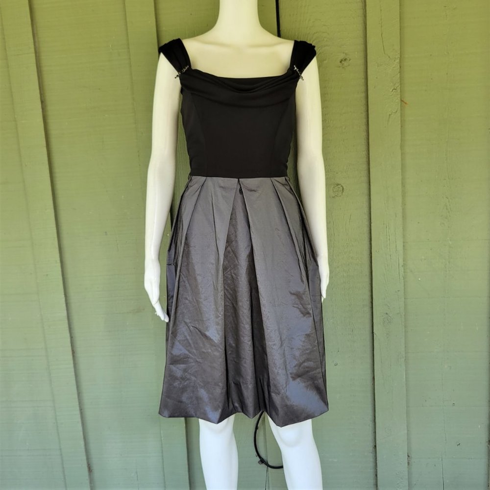 CHETTA B. Gray Silky Black Cocktail Dress 8 Draped Neckline.